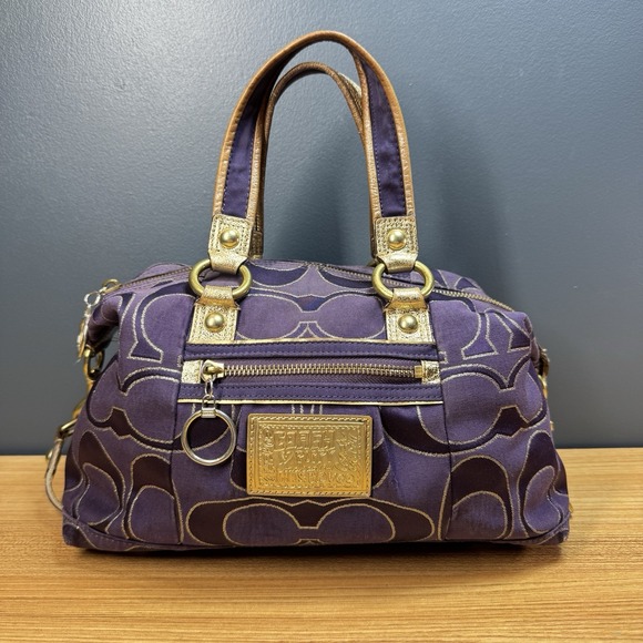 Vintage COACH Poppy Purple Gold Signature Sateen Lurex‎ Purse Bag Monogram - Picture 2 of 16